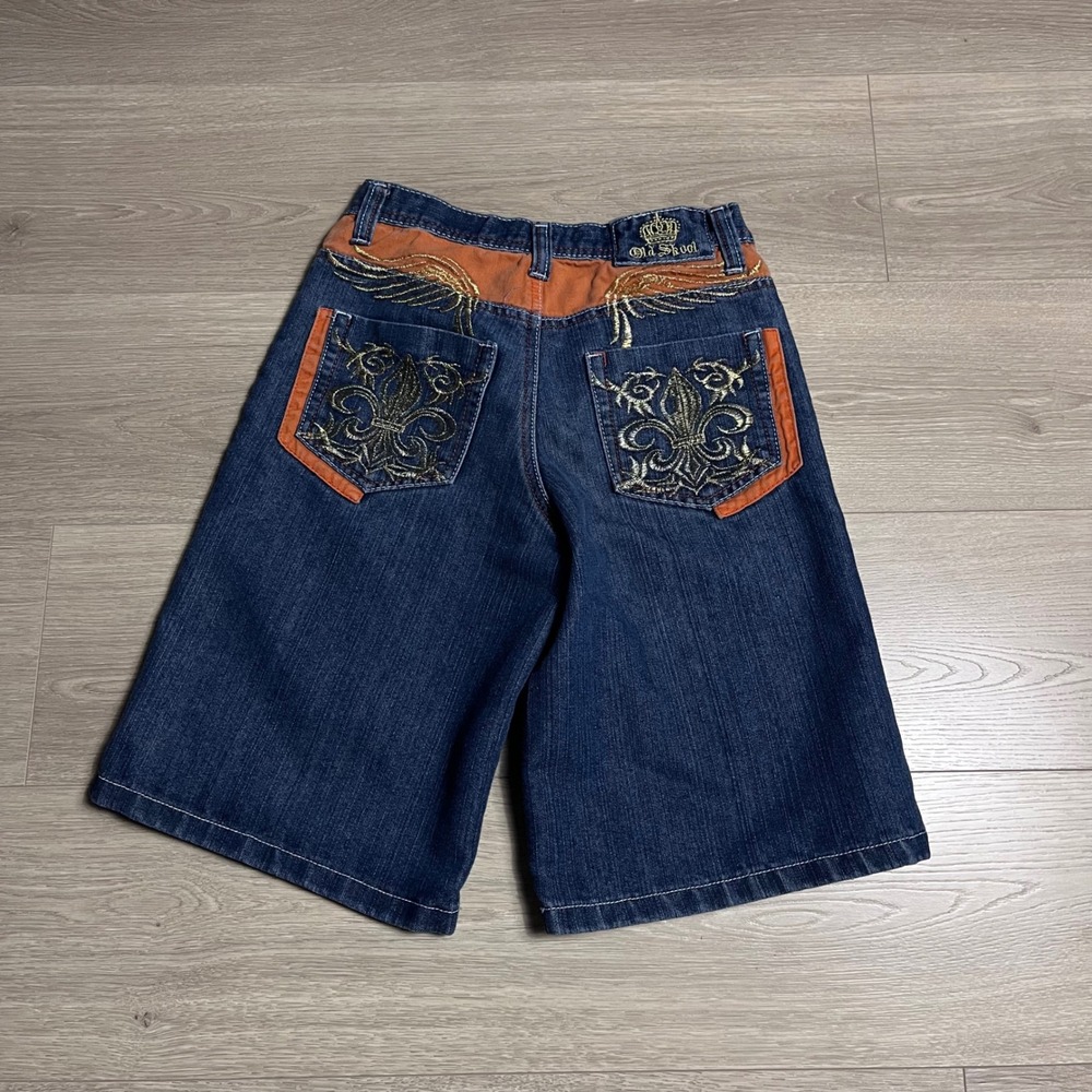 Vintage Y2K Old Skool Denim Shorts Embroidered Orange Trim Size‎ 16